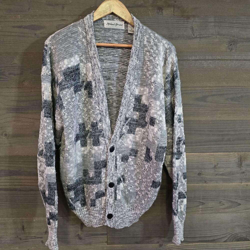 VTG Michael Gerald Cardigan Men's L Gray Black Abstract Geometric 90s Korea Y2K